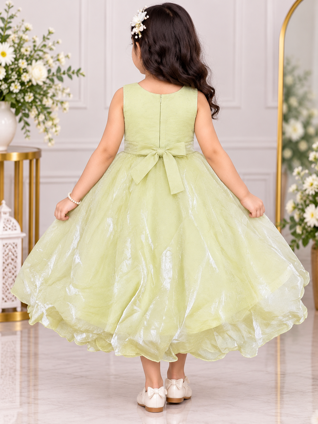 Girls Pista Green Embellished Net Party Wear Frock