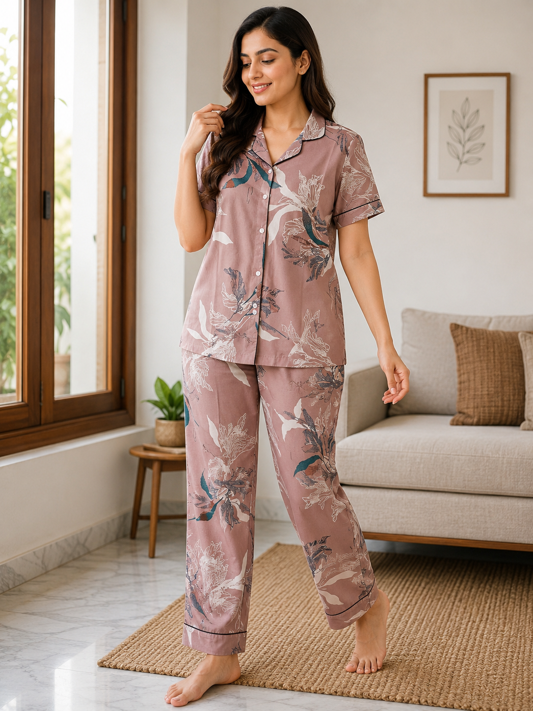 Premium Alfain Dusty Rose Tropical Co-ord Set,With Button-down front, notch collar, contrast black piping, elasticated waist.