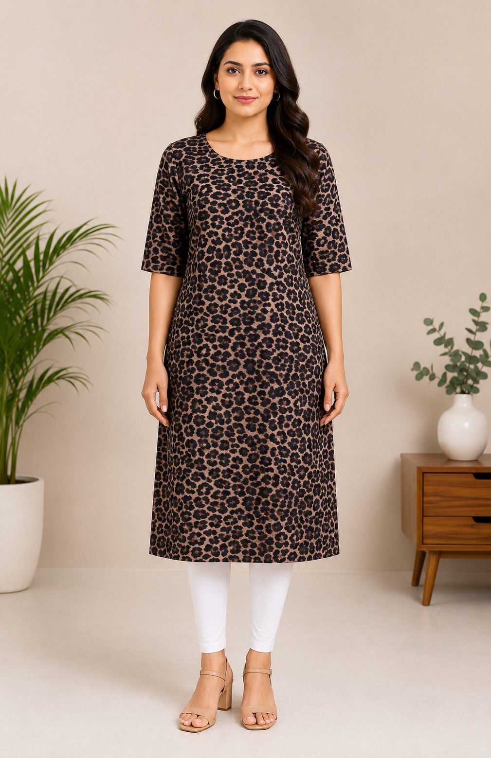 Women’s Camel Brown & Black Leopard-Printed Cotton Straight-Cut Kurthi with Elbow Sleeves & Pocket