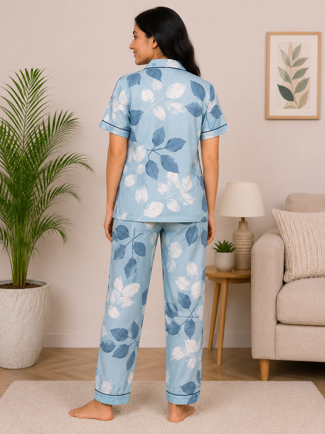 Premium Alfain Powder Blue Botanical Co-ord Set,With Button-down front, notch collar, contrast black piping, elasticated waist.