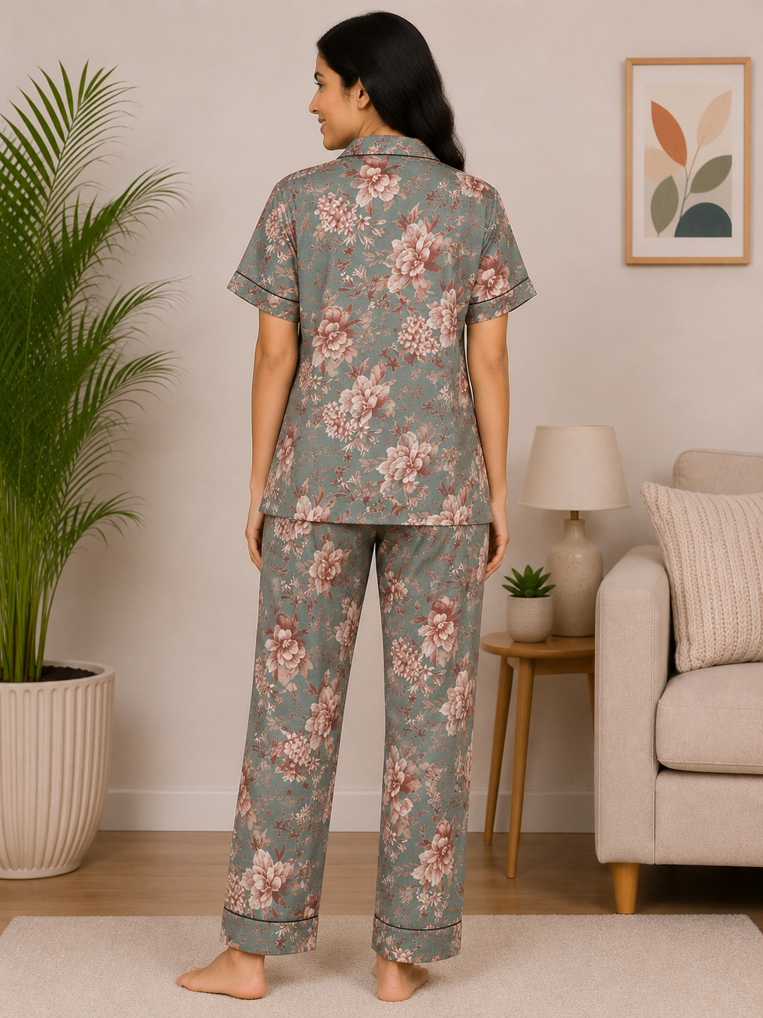 Premium Alfain Sage Vintage Floral Co-ord Set, With Button-down front, notch collar, contrast black piping, elasticated waist.