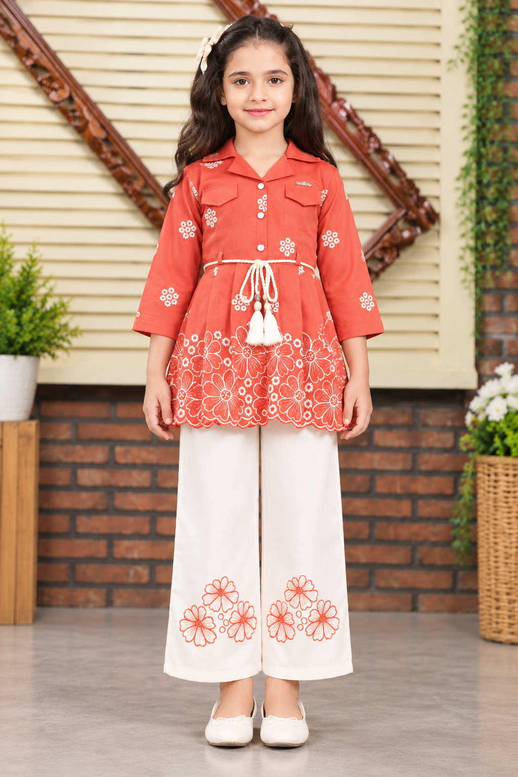 Girls Rust Orange Floral Embroidered Dress with Cream Leggings