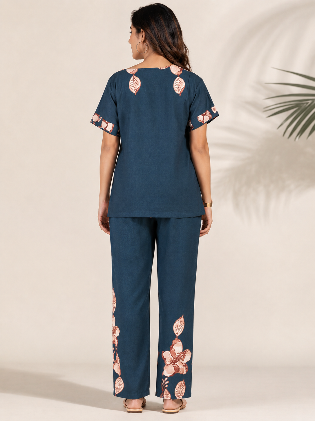 Ladies Dark Teal Blue Floral Printed Side Slit Co-Ord Set – Top & Elastic Waist Pant