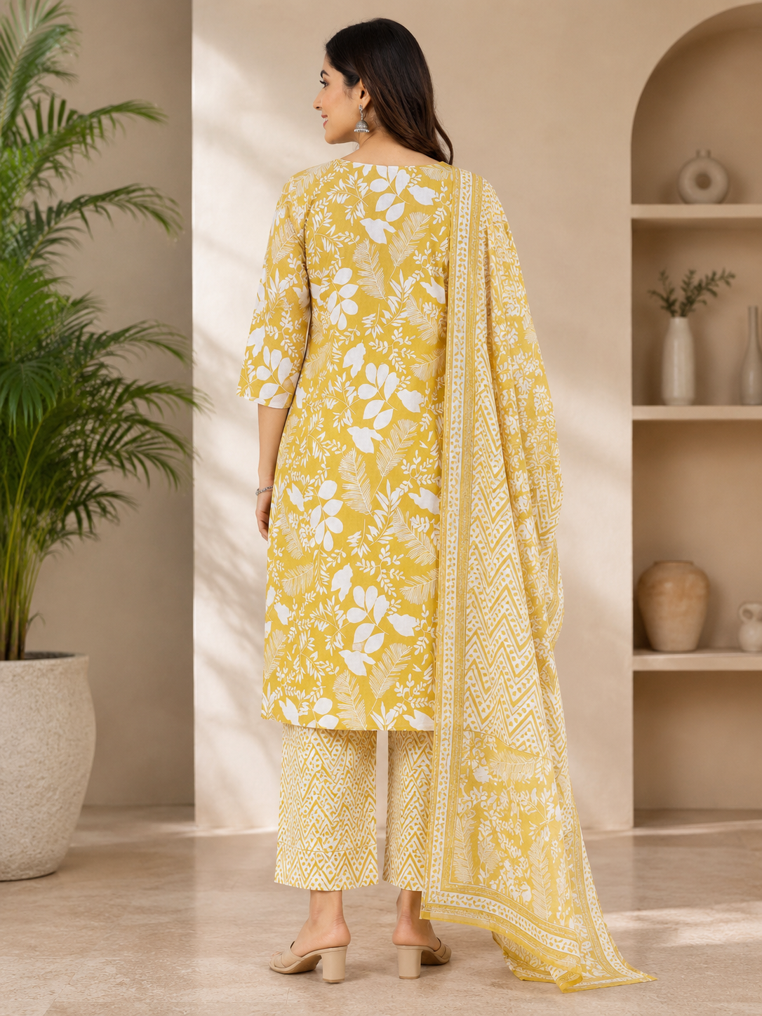 Elegant Mustard yellow and white Floral Printed cotton 3-Piece Kurti Set