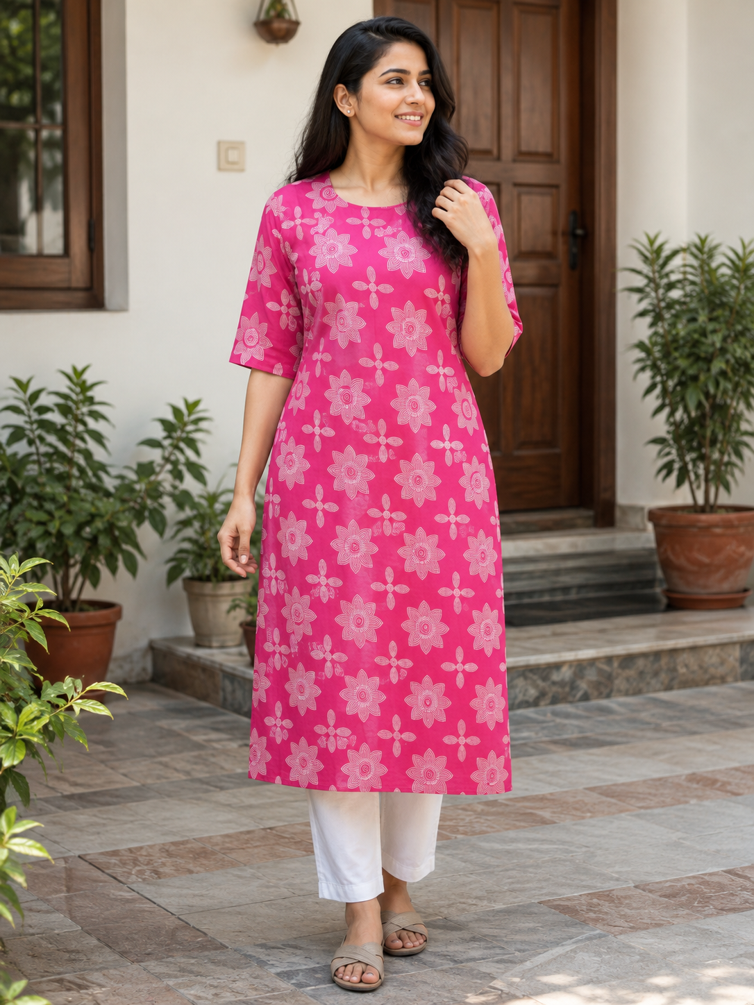 Women’s Rani Pink Floral Printed Cotton Straight-Cut Kurthi with Elbow Sleeves & Pocket