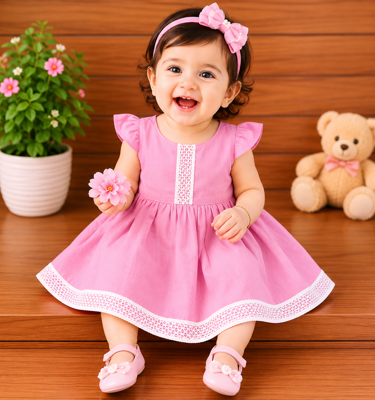 Baby Girls Dusty Rose Pink Lace Detail Fit & Flare frock