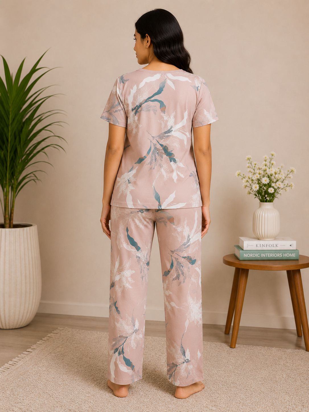 Women's Premium Alfain Fabric Taupe Brown Floral Abstract Print Round Neck Night Suit with Side Slit Top & Elastic Waist Straight Pant