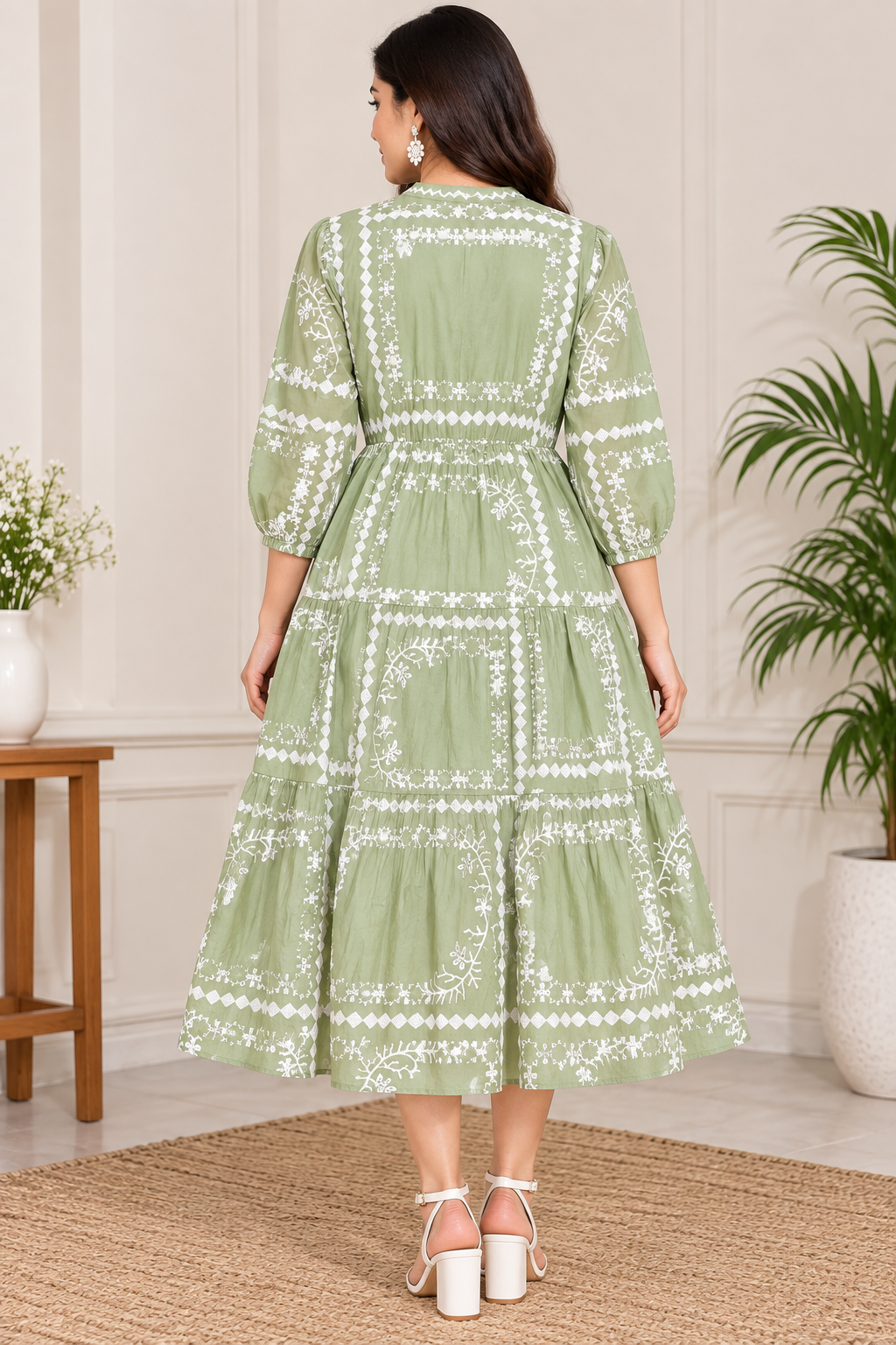 Women’s Light Pista Green Cotton Embroidered Tiered Long Kurti