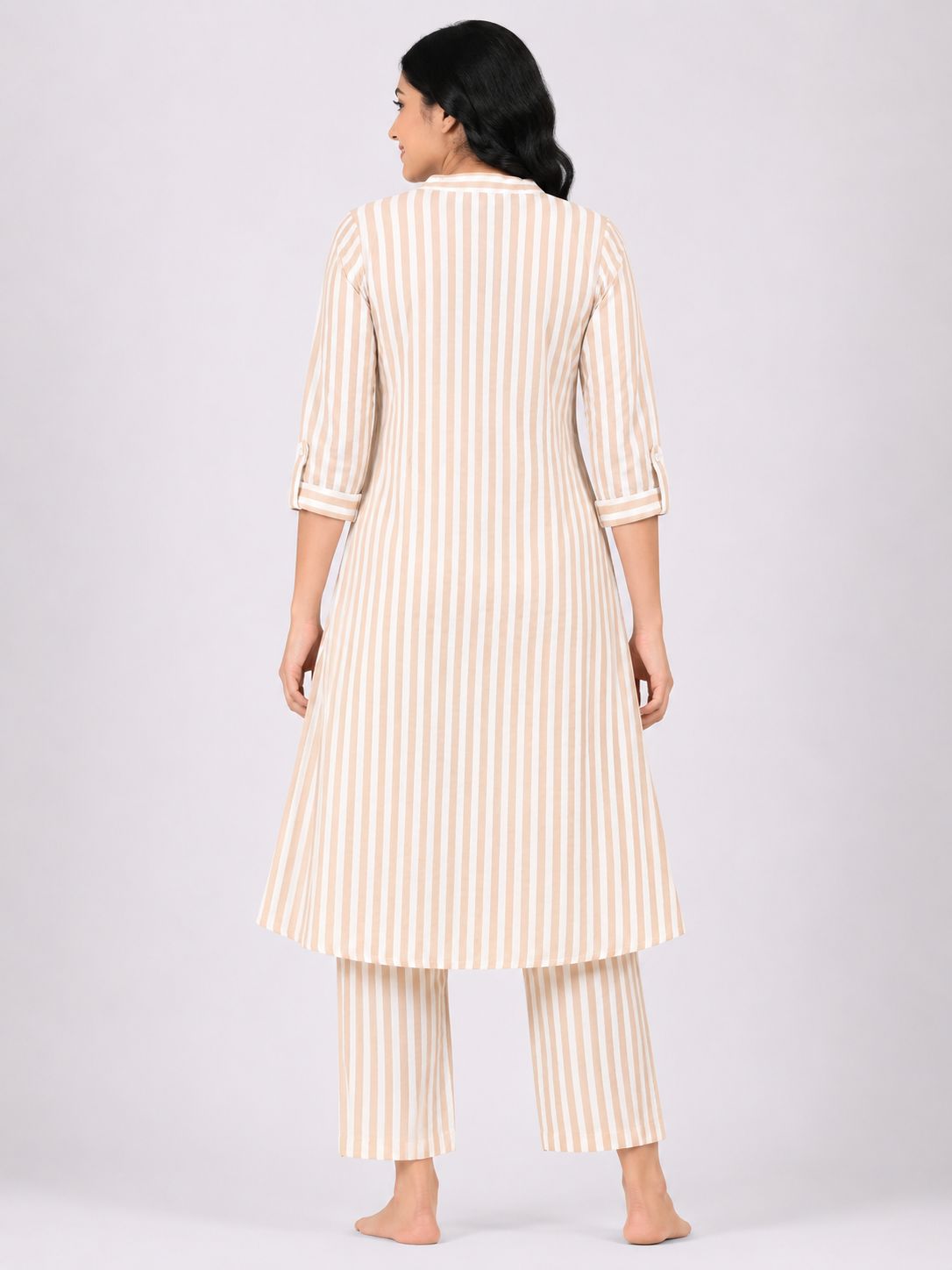 Women's Beige & White Striped Cotton Blend Princess Cut Kurti & Pant Co-Ord Set with Mandarin Collar and Folded Cuff Sleeves