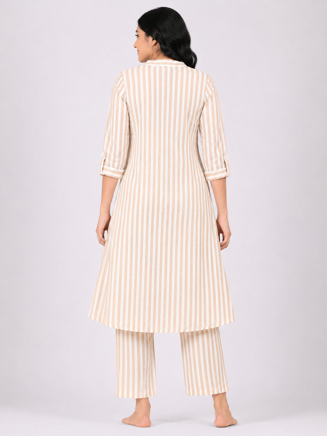 Women's Beige & White Striped Cotton Blend Princess Cut Kurti & Pant Co-Ord Set with Mandarin Collar and Folded Cuff Sleeves