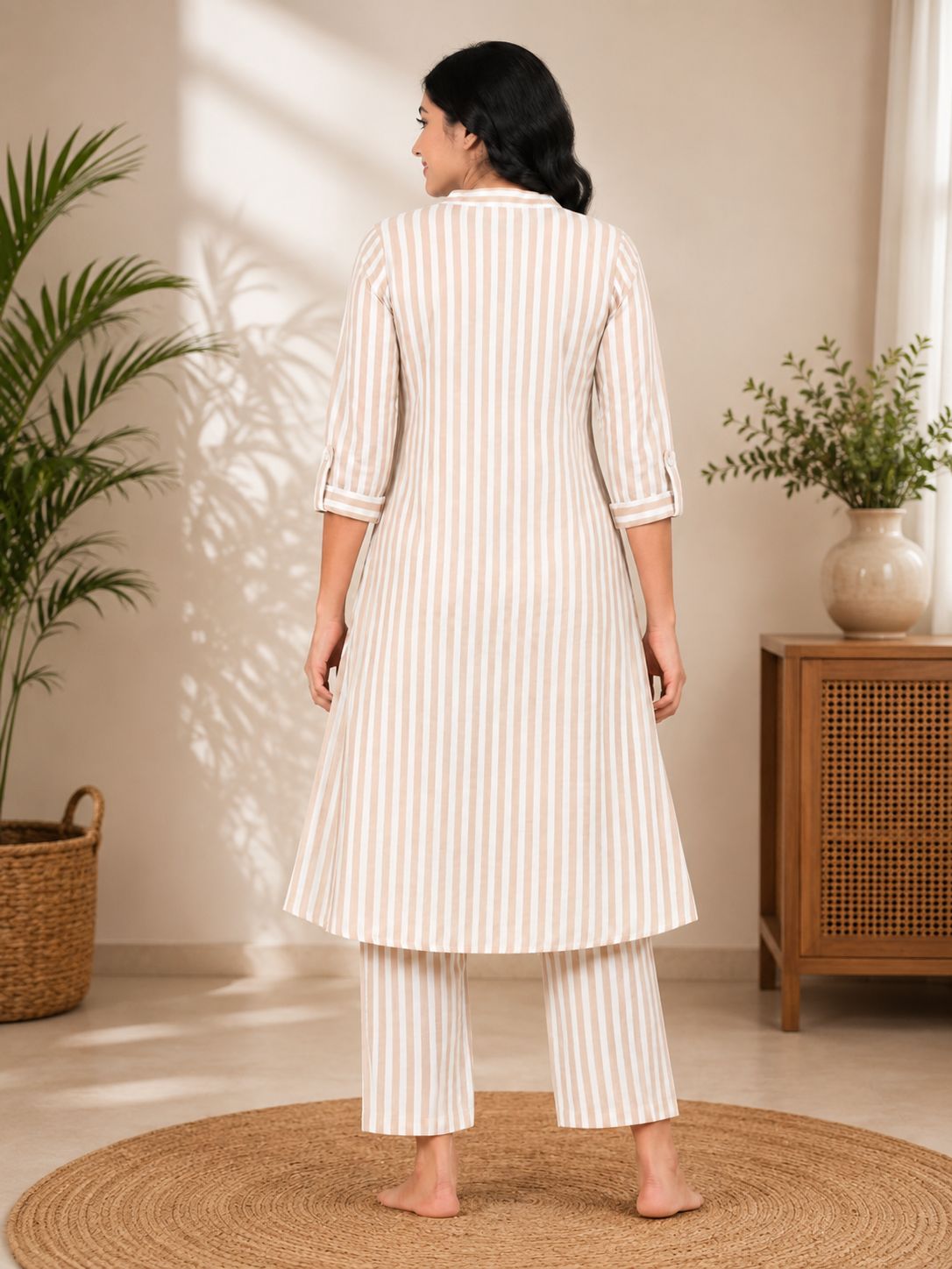 Women's Beige & White Striped Cotton Blend Princess Cut Kurti & Pant Co-Ord Set with Mandarin Collar and Folded Cuff Sleeves
