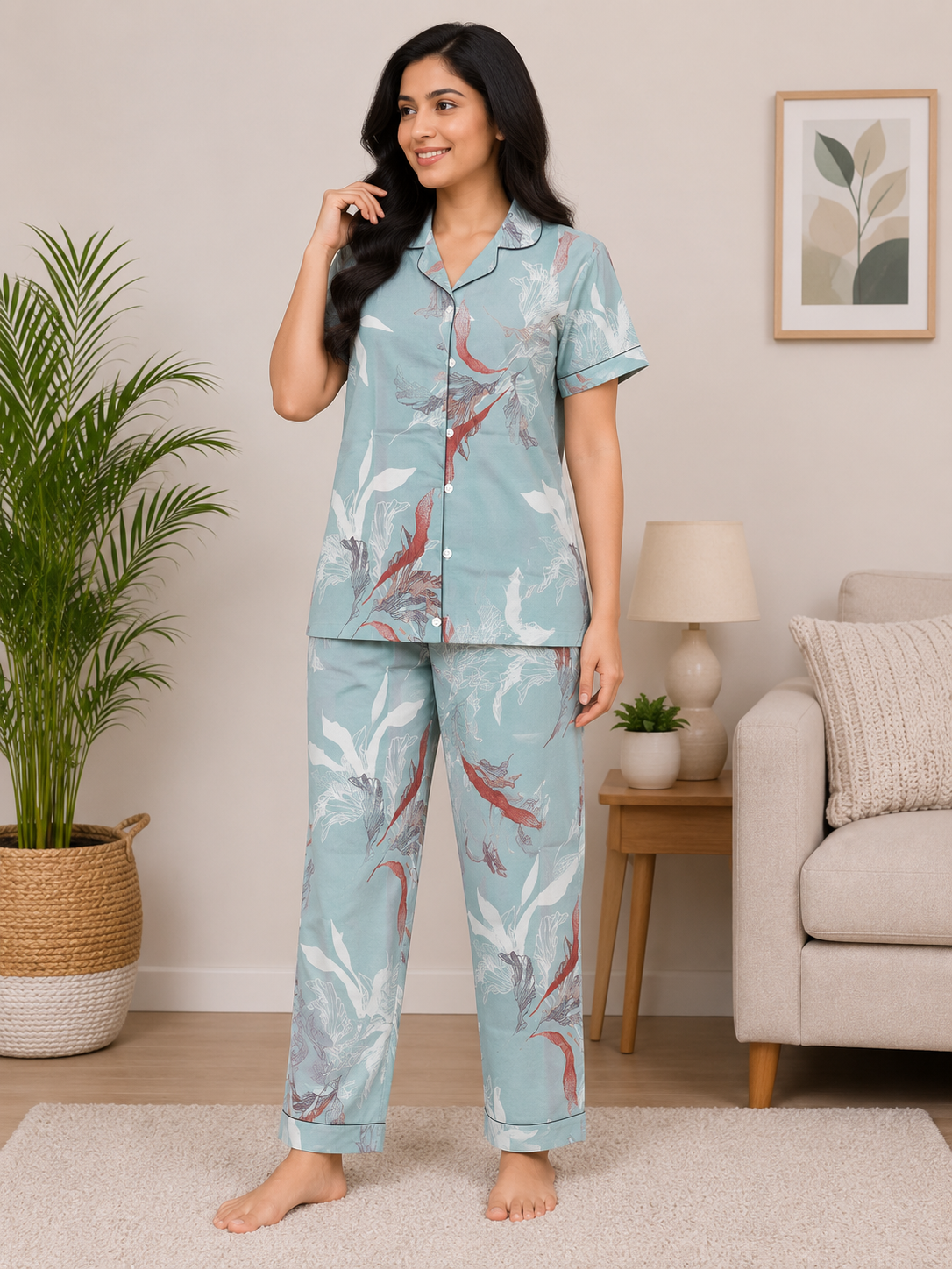 Premium Alfain Aqua Botanical Co-ord Set, 
With Button-down front, notch collar, contrast black piping, elasticated waist.