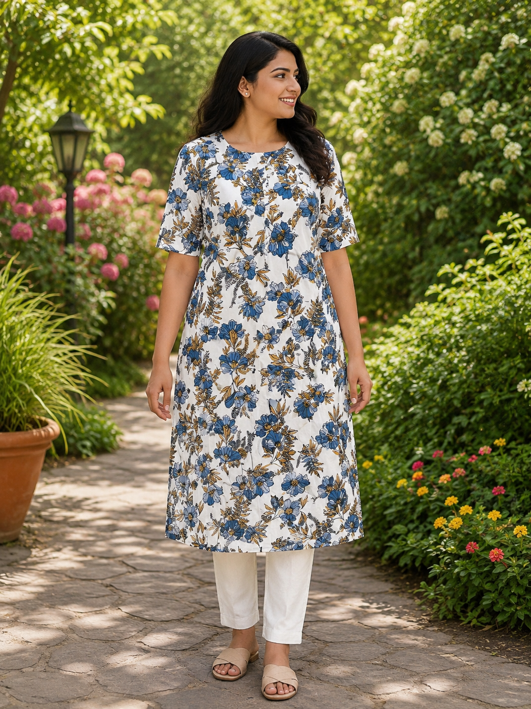Womens White color rayon Kurti - Blue and Mustard Floral Print, Round Neck, Elbow Sleeves, Straight Cut with Pocket