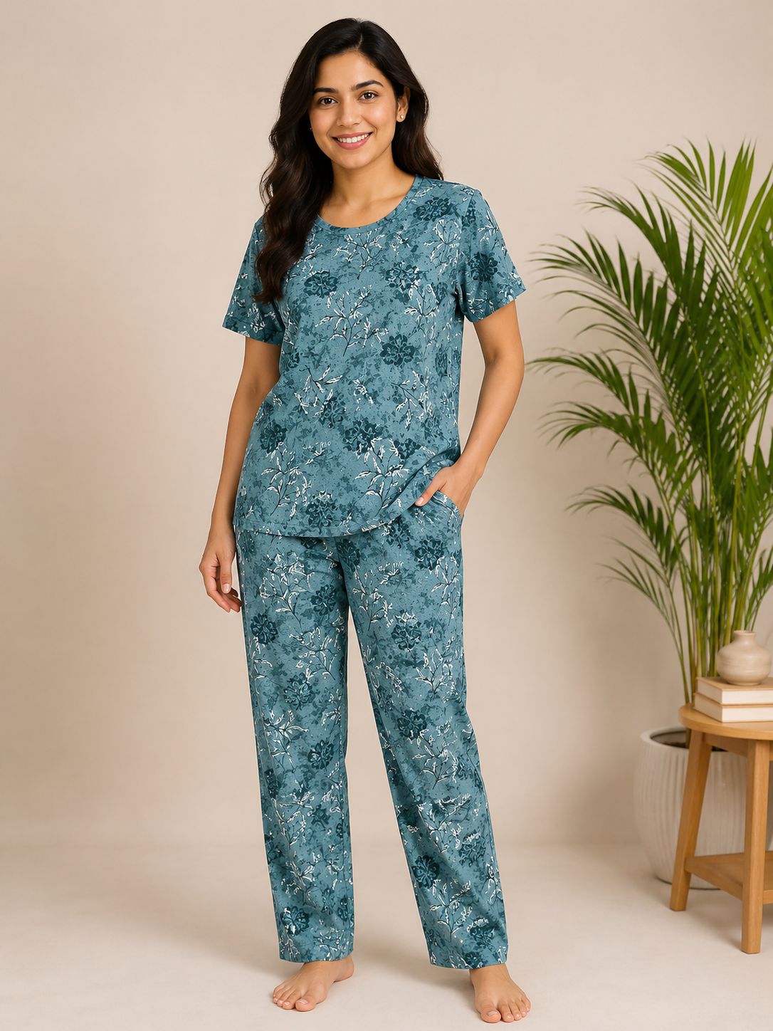 Women's Premium Royal Blue Cotton Floral Print Elastic Waist Night Suit with Side Slit Top & Straight Pant