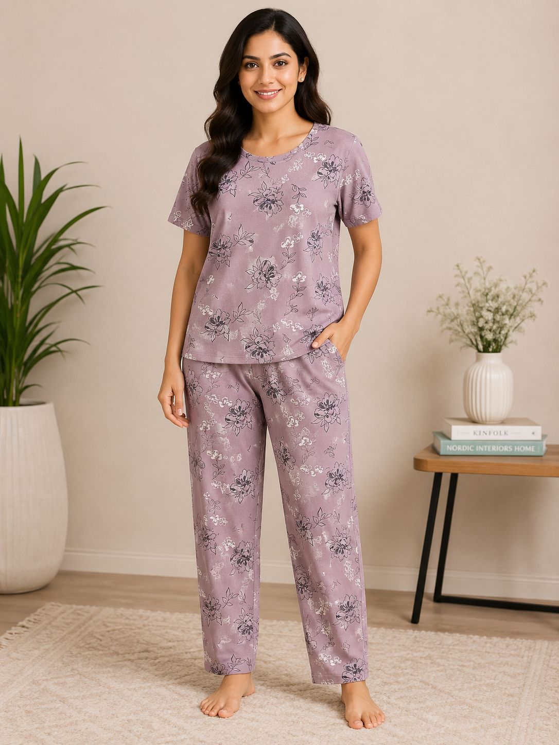 Women's Premium Alfain Fabric Mauve Floral Print Round Neck Night Suit with Side Slit Top & Elastic Waist Straight Pant