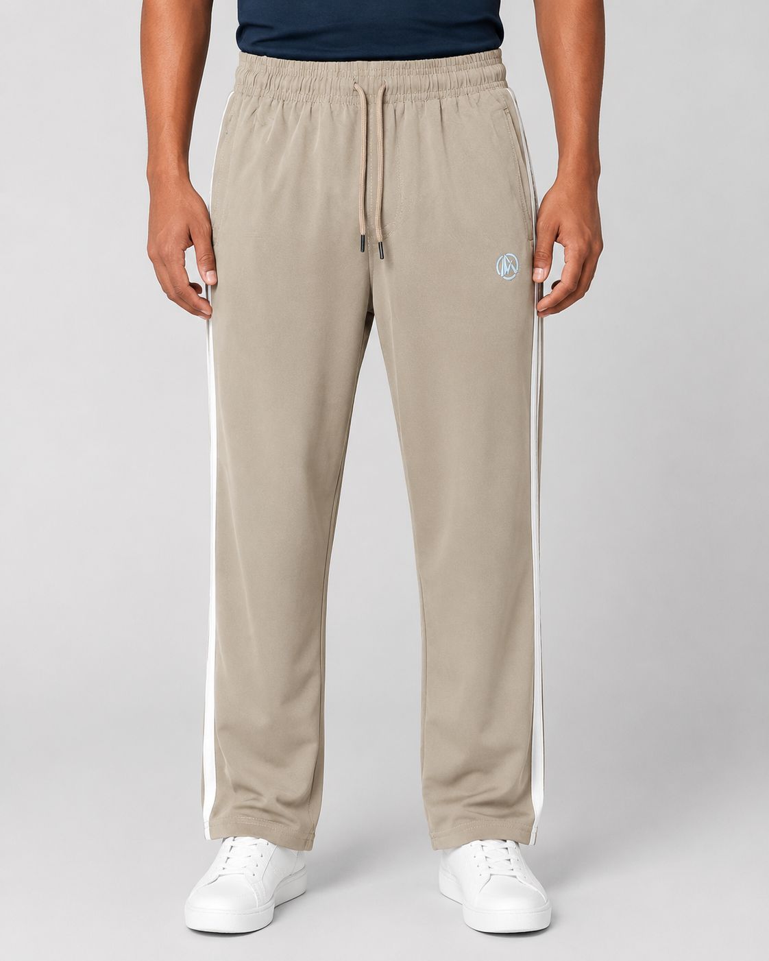 Men's Beige Track Pant - White Side Stripe - 2 Zipper Pockets