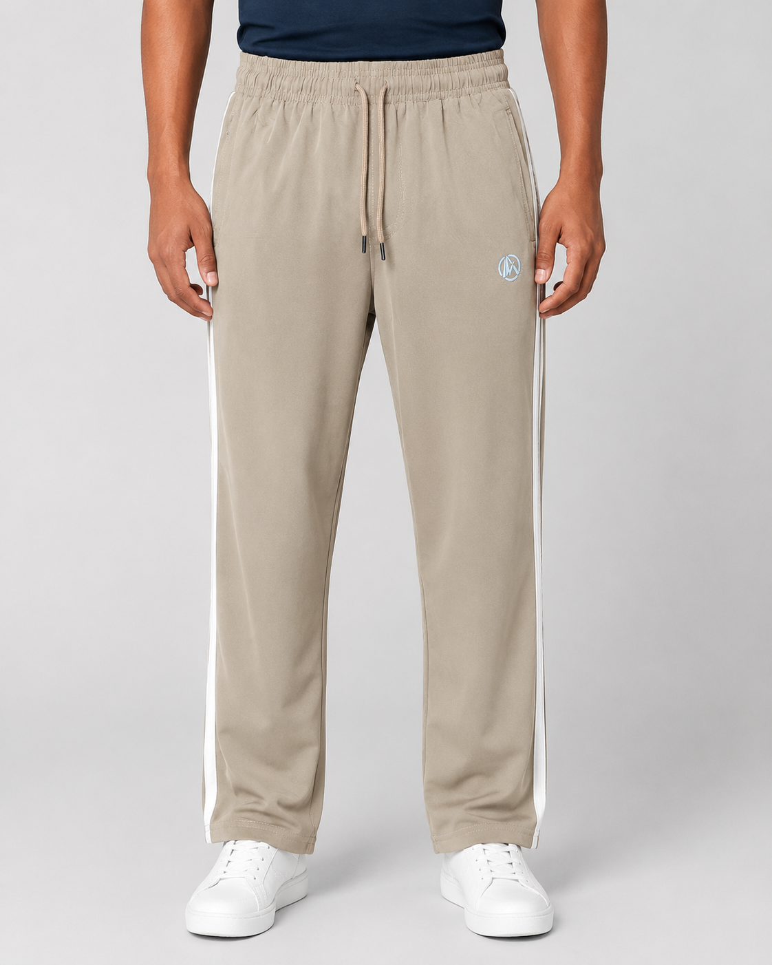 Men's Beige Track Pant - White Side Stripe - 2 Zipper Pockets