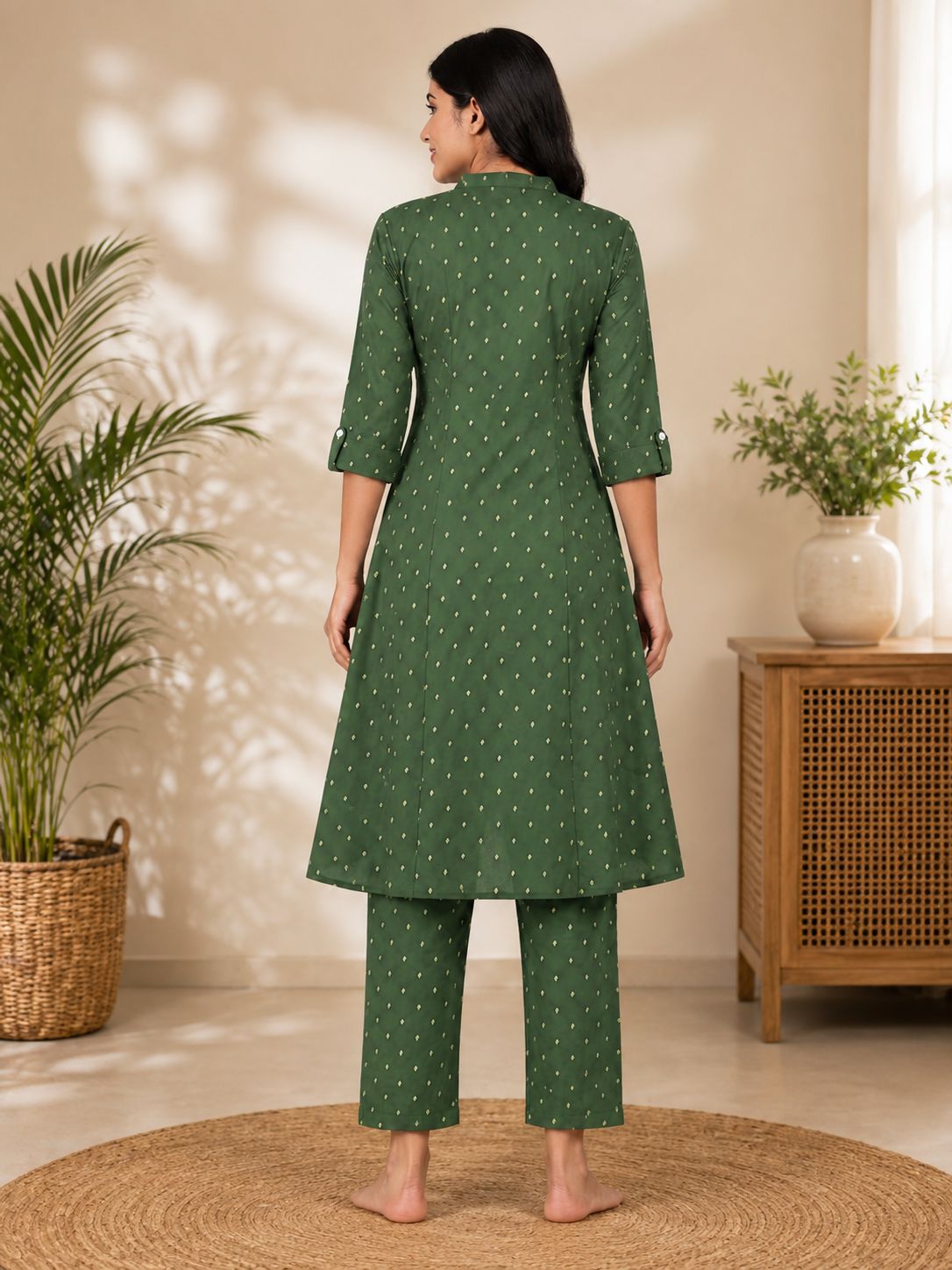 Women's Bottle Green Paisley Print Princess Cut Kurti & Pant Co-Ord Set with Mandarin Collar and Folded Cuff Sleeves
