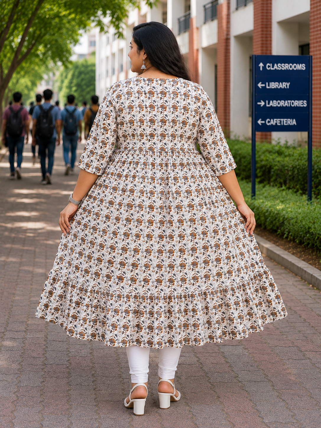 Women's Cream with Brown and Navy Blue Print Printed Flared Umbrella model kurti with Elbow Sleeves
