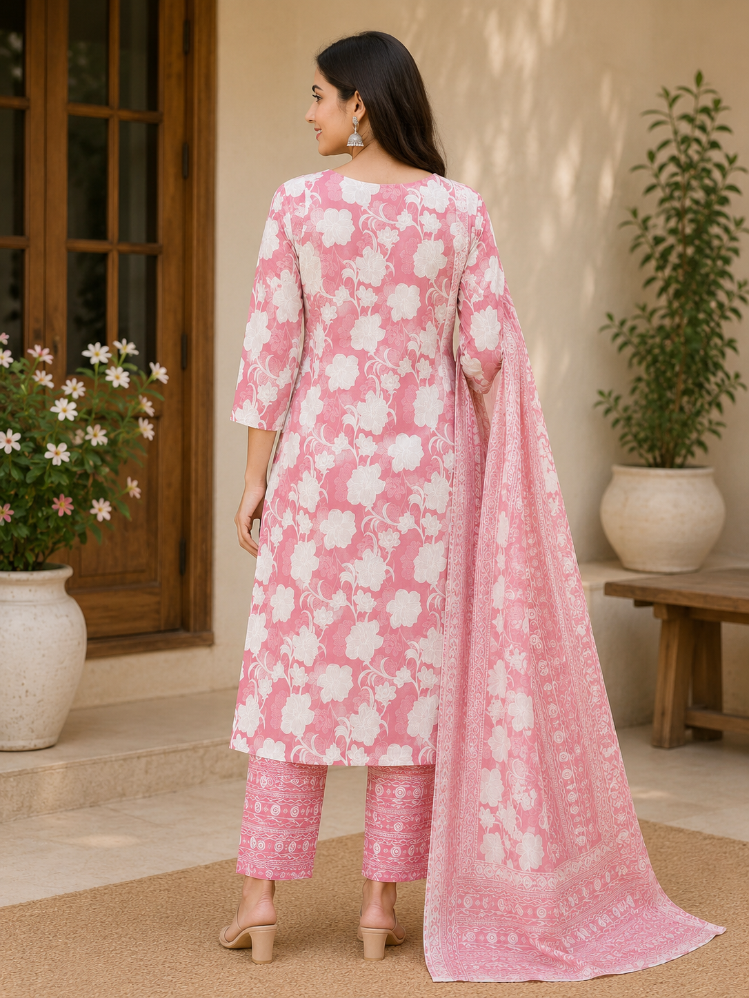 Vibrant Pink and White Floral Printed 3-Piece Kurti Set with Side Slits