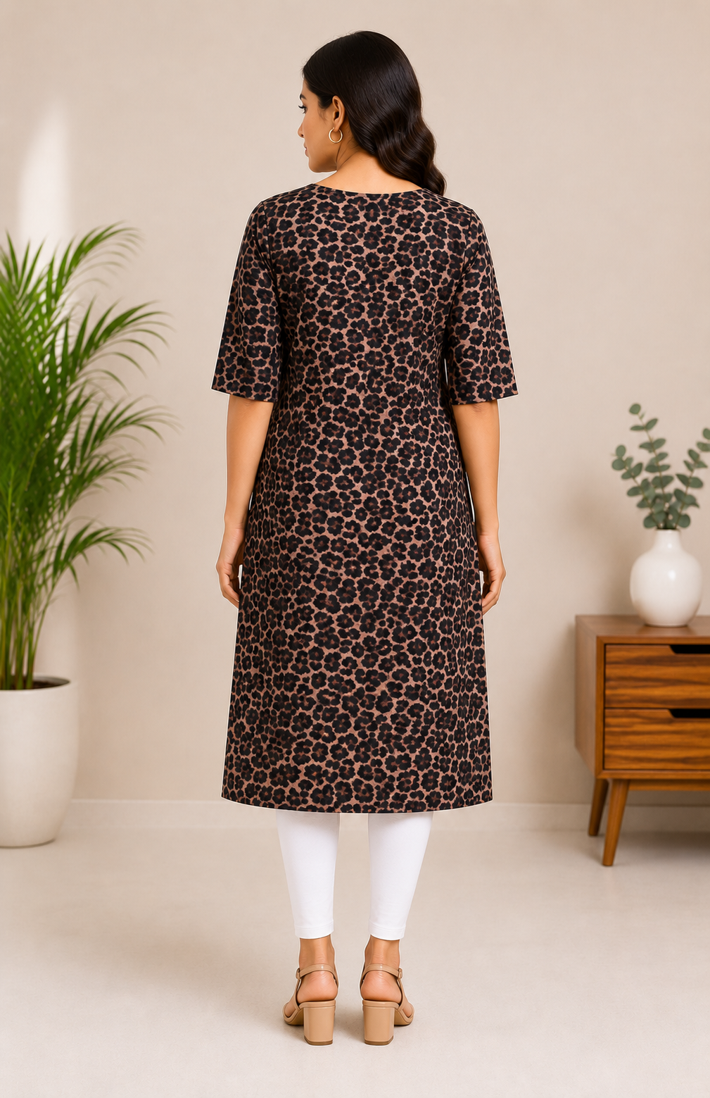 Women’s Camel Brown & Black Leopard-Printed Cotton Straight-Cut Kurthi with Elbow Sleeves & Pocket