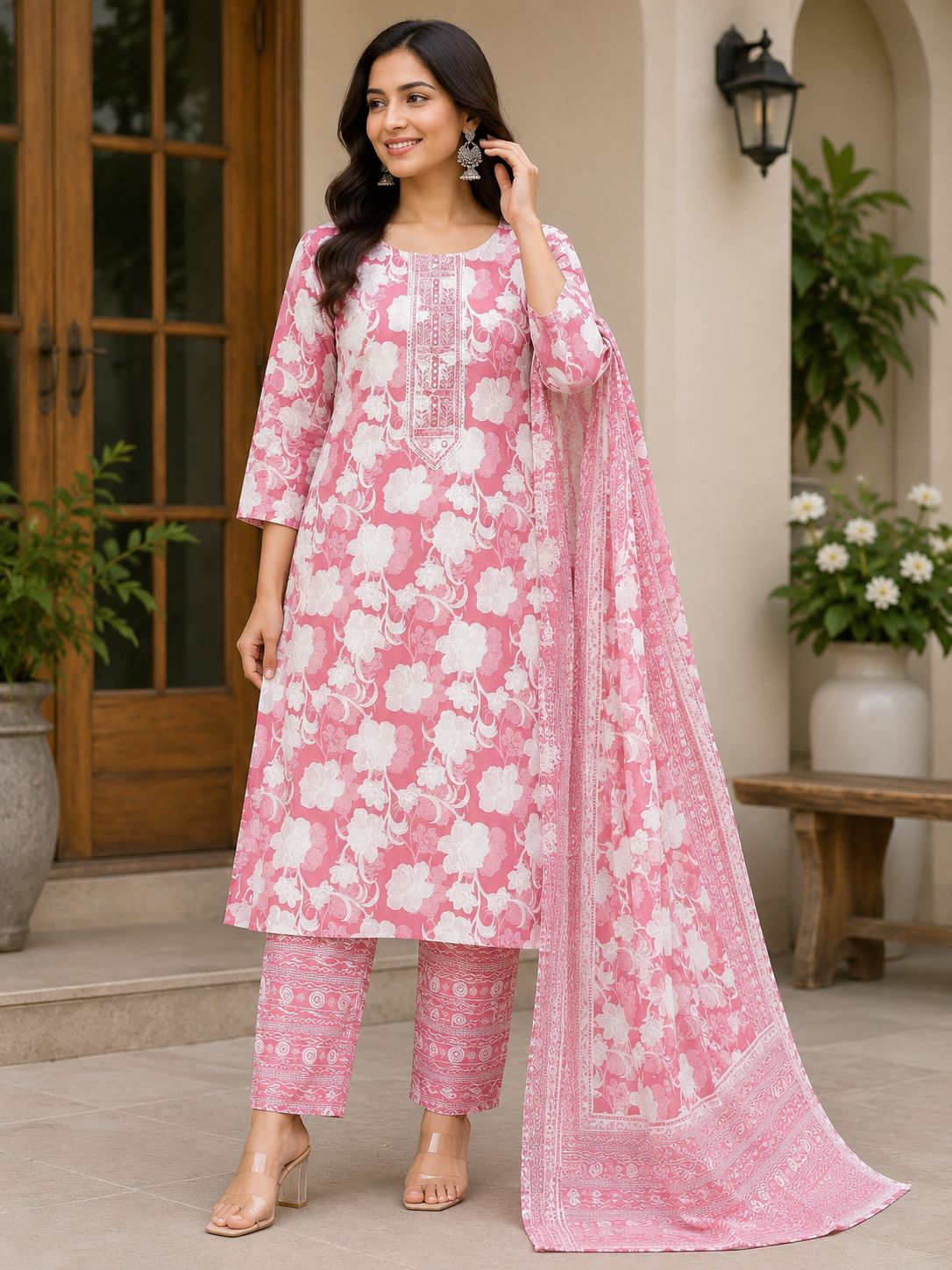 Vibrant Pink and White Floral Printed 3-Piece Kurti Set with Side Slits