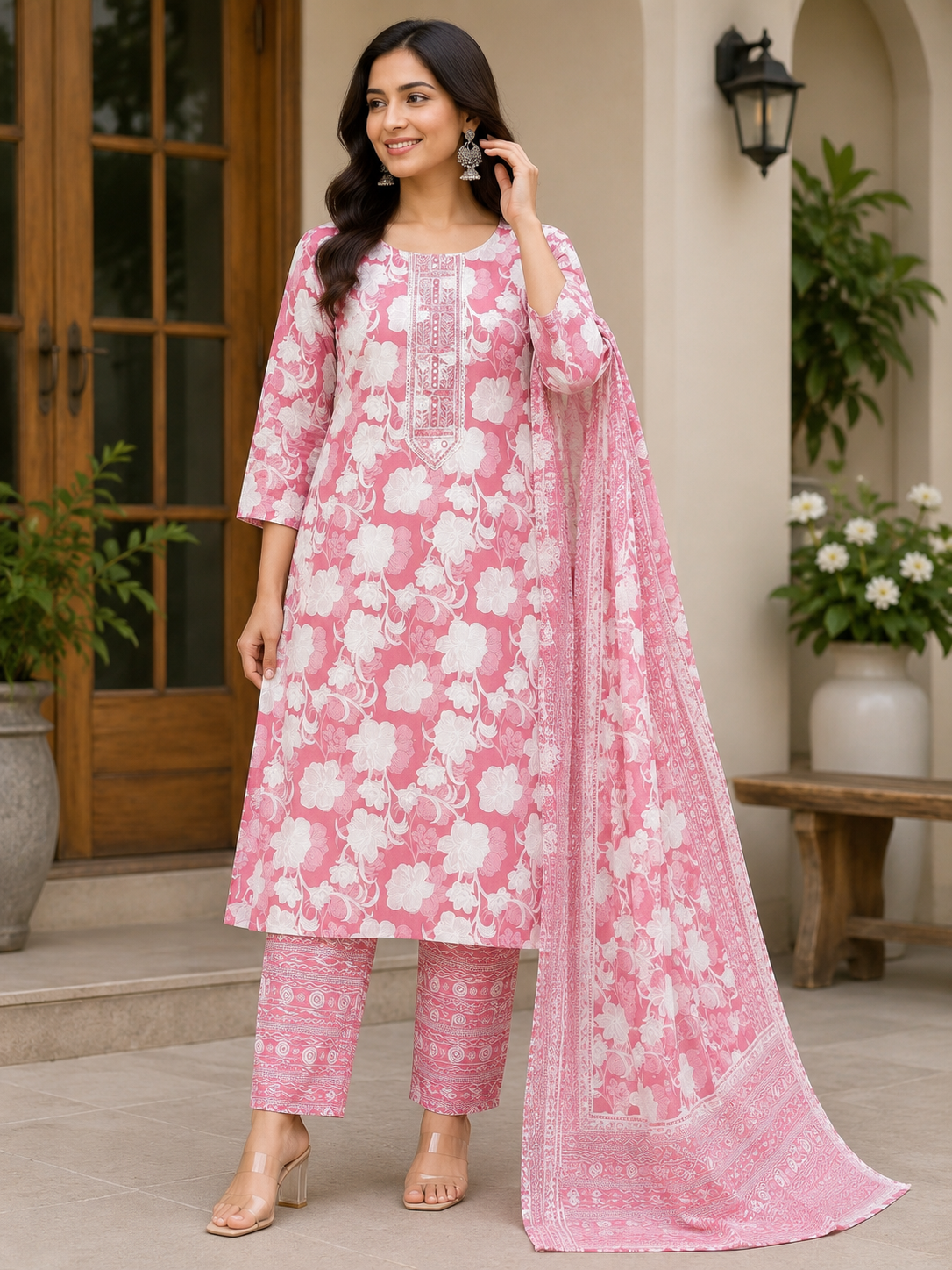 Vibrant Pink and White Floral Printed 3-Piece Kurti Set with Side Slits