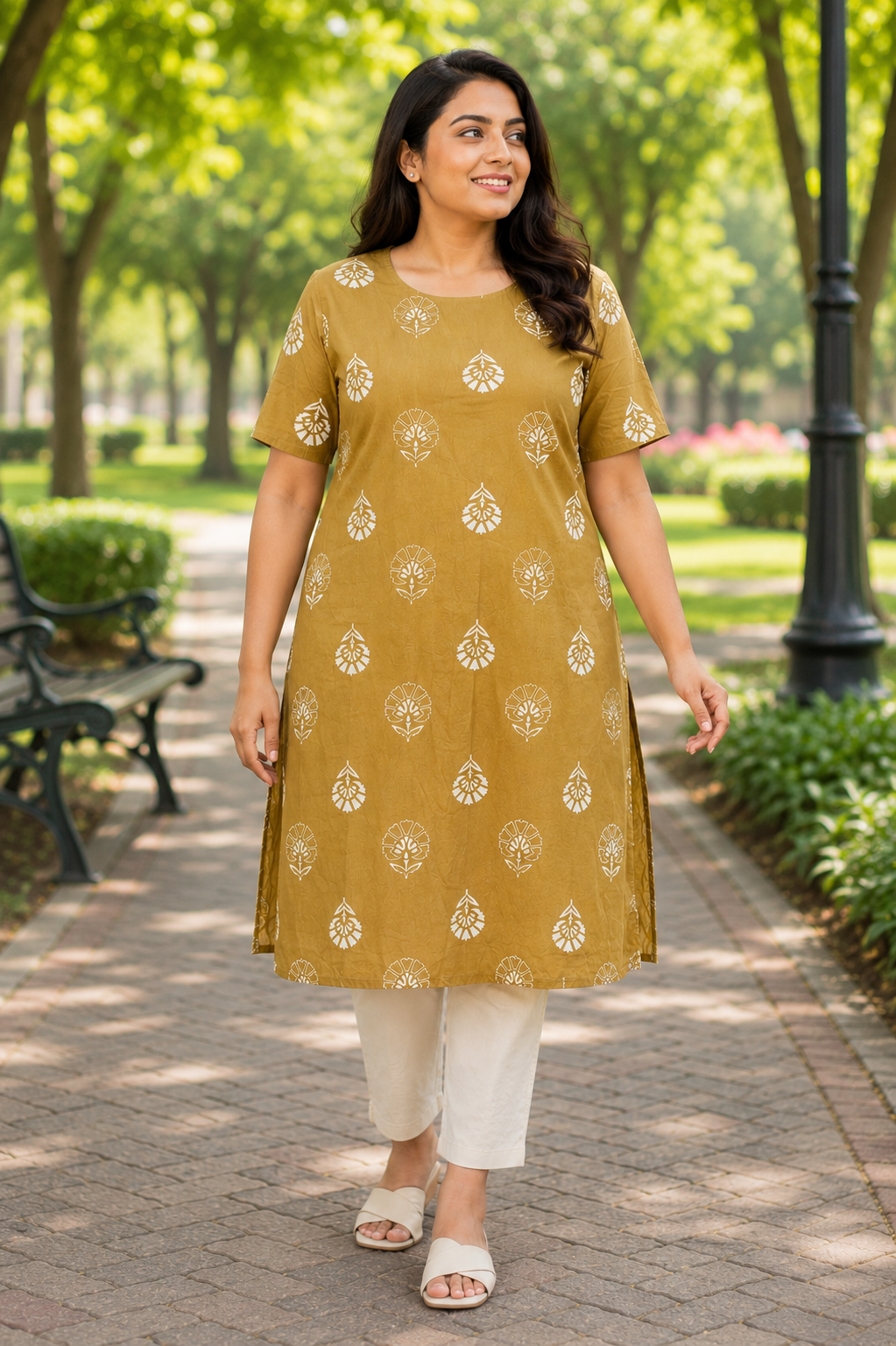 Womens Mustard Yellow color Cotton Kurti - Off White Floral Block Print, Round Neck, Elbow Sleeves, Straight Cut with Pocket