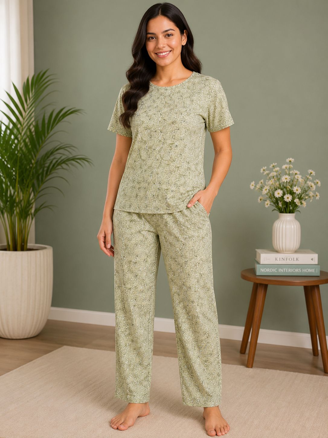 Women's Premium Pista Green Cotton Floral Print Elastic Waist Night Suit with Side Slit Top & Straight Pant