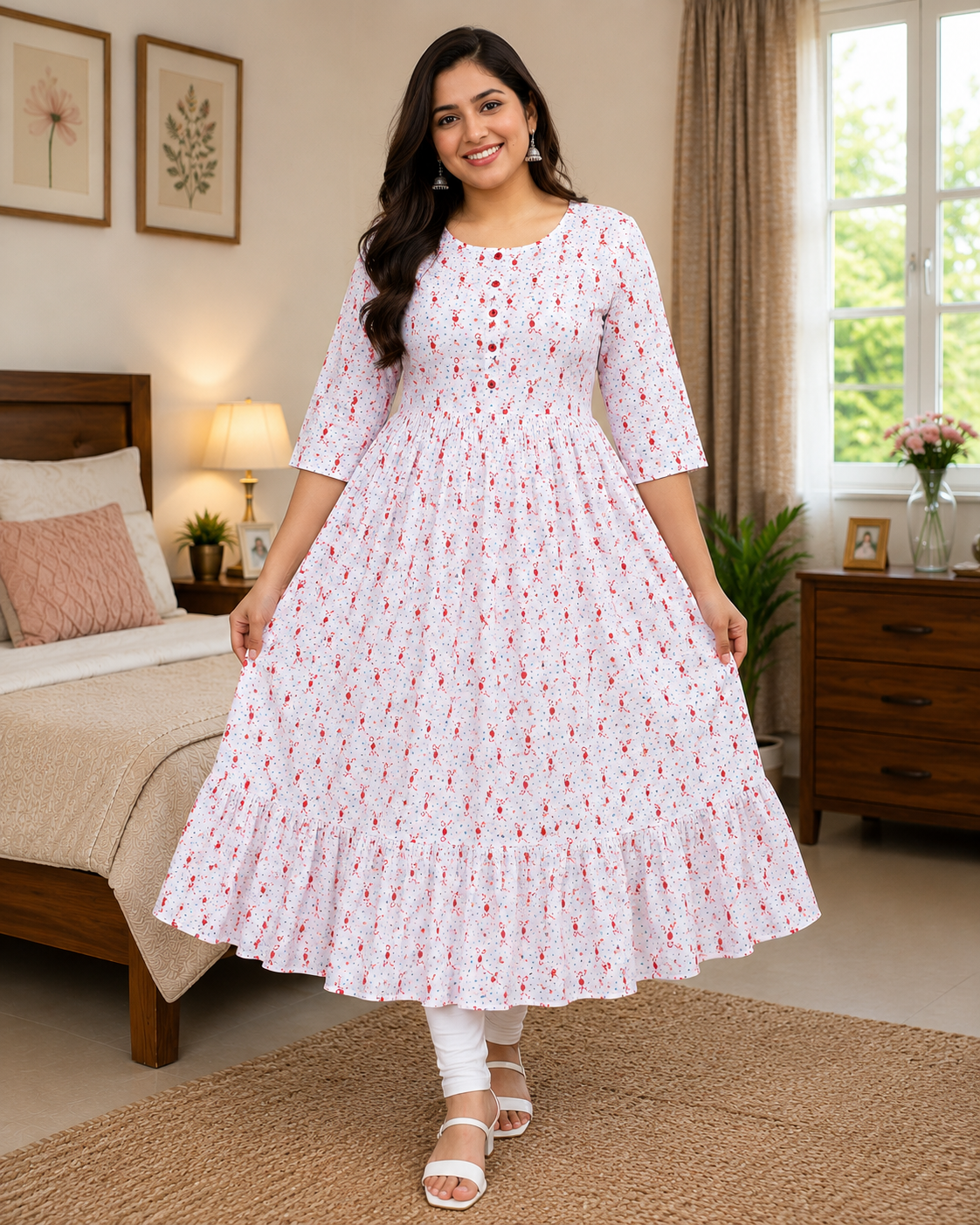 Women's Off-White with Red and Blue Print Flared Umbrella model kurti with Elbow Sleeves