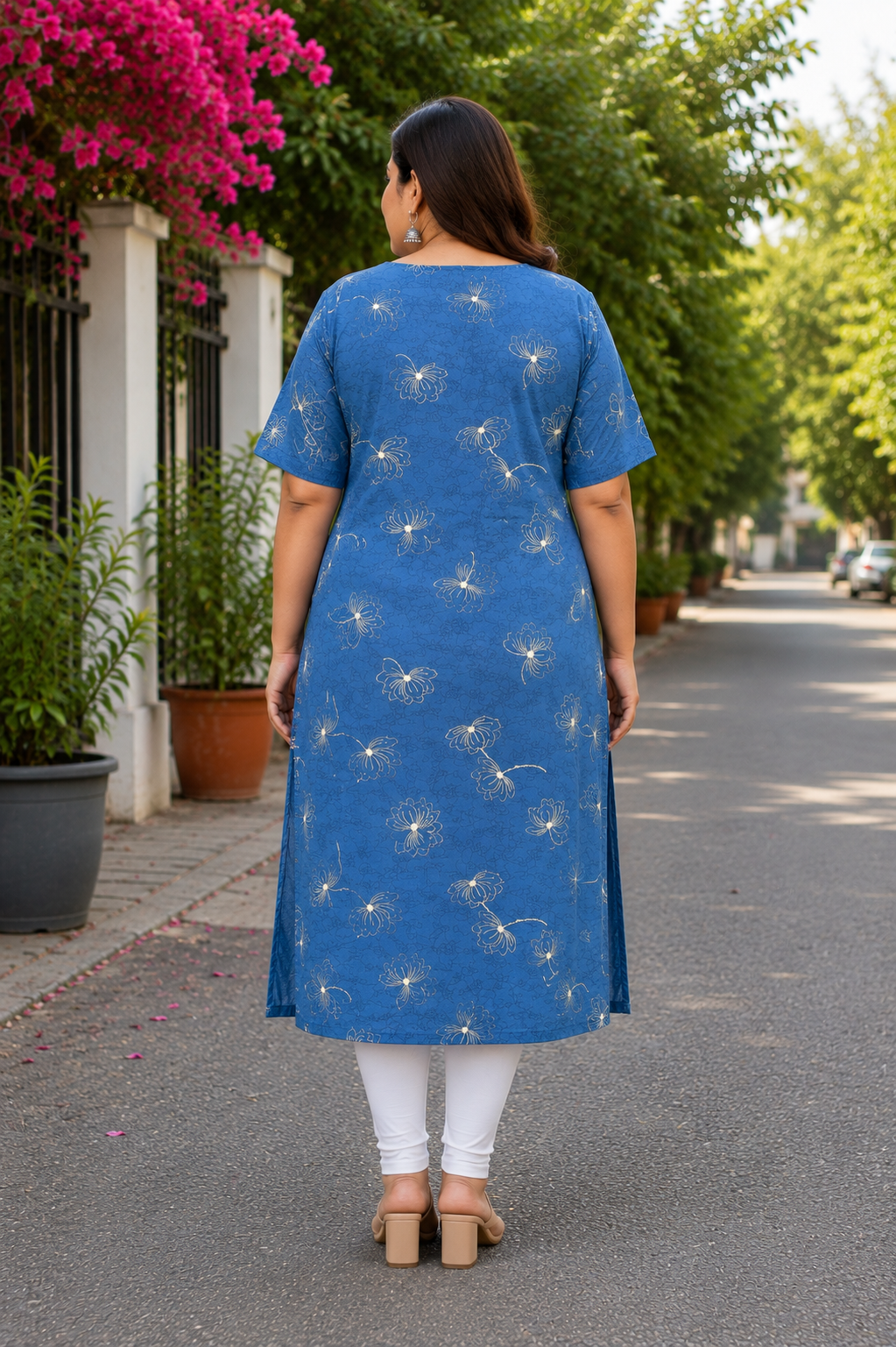 Women’s Royal Blue Layered Floral Printed Cotton Straight-Cut Kurthi with Elbow Sleeves & Pocket