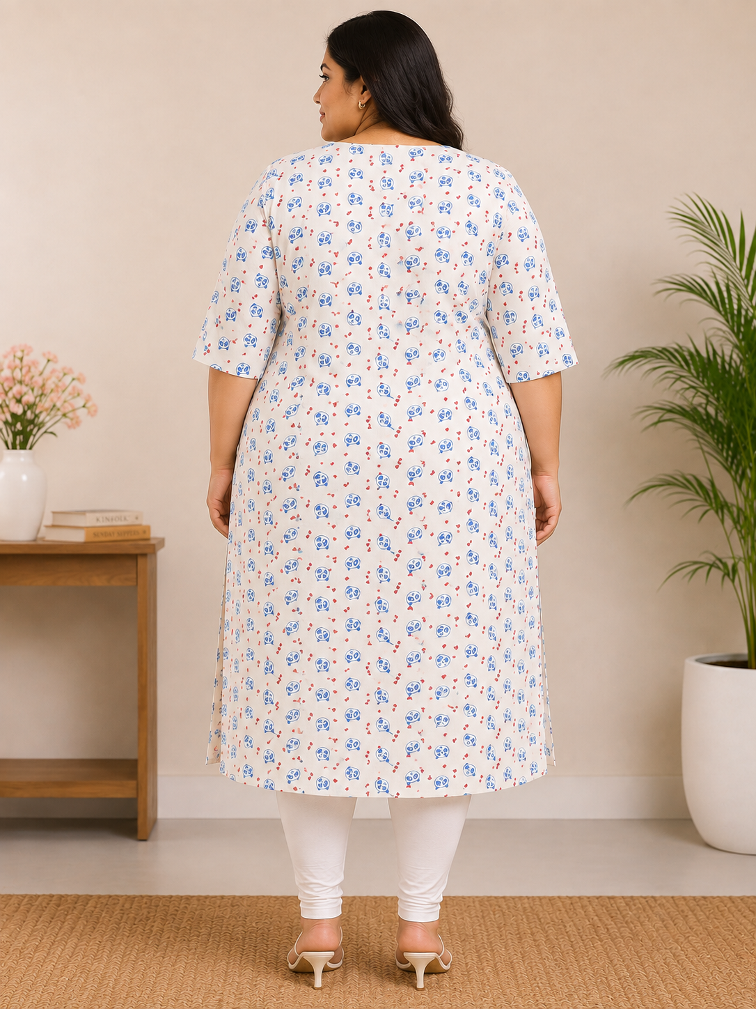 Womens White color Rayon Kurti - Blue Panda and Red Heart Print, Round Neck, Elbow Sleeves, Straight Cut with Pocket