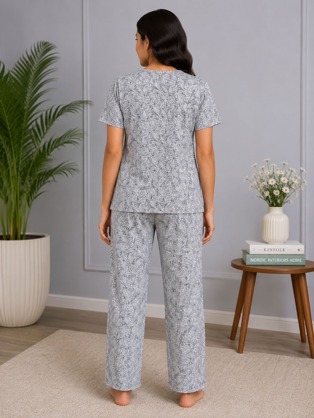 Women's Sage Green Premium Cotton Floral Print Elastic Waist Night Suit with Side Slit Top & Straight Pant