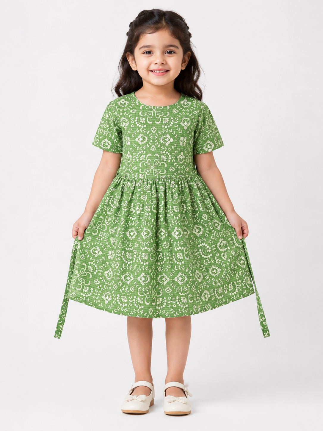 Teen Colours Green Geometric Print Cotton Dress for Girls