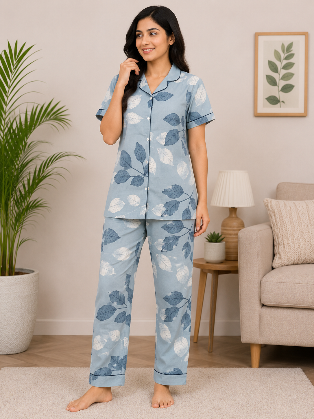 Premium Alfain Powder Blue Botanical Co-ord Set,With Button-down front, notch collar, contrast black piping, elasticated waist.
