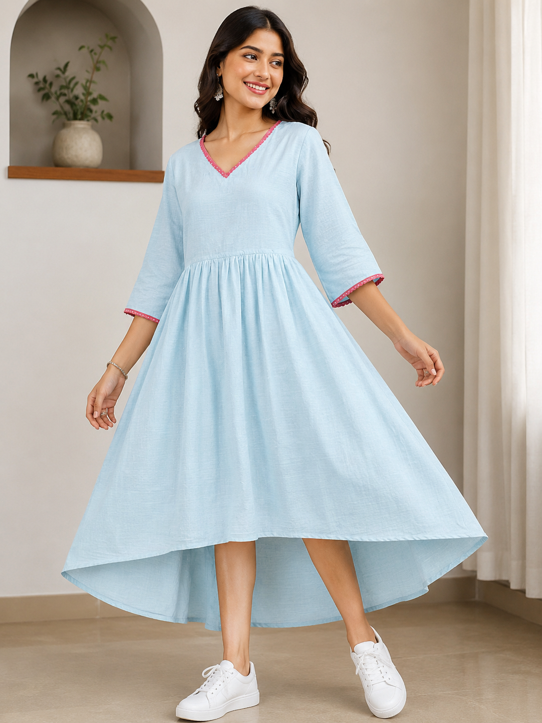 Ladies Light Sky Blue V-Neck  Linen cotton 3/4 Bell Sleeve Elastic Waist High-Low Western Long Frock