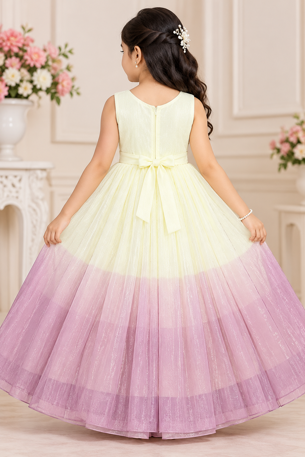 Girls Sleeveless Lavender & Ivory Floral Embroidered Party Wear Frock