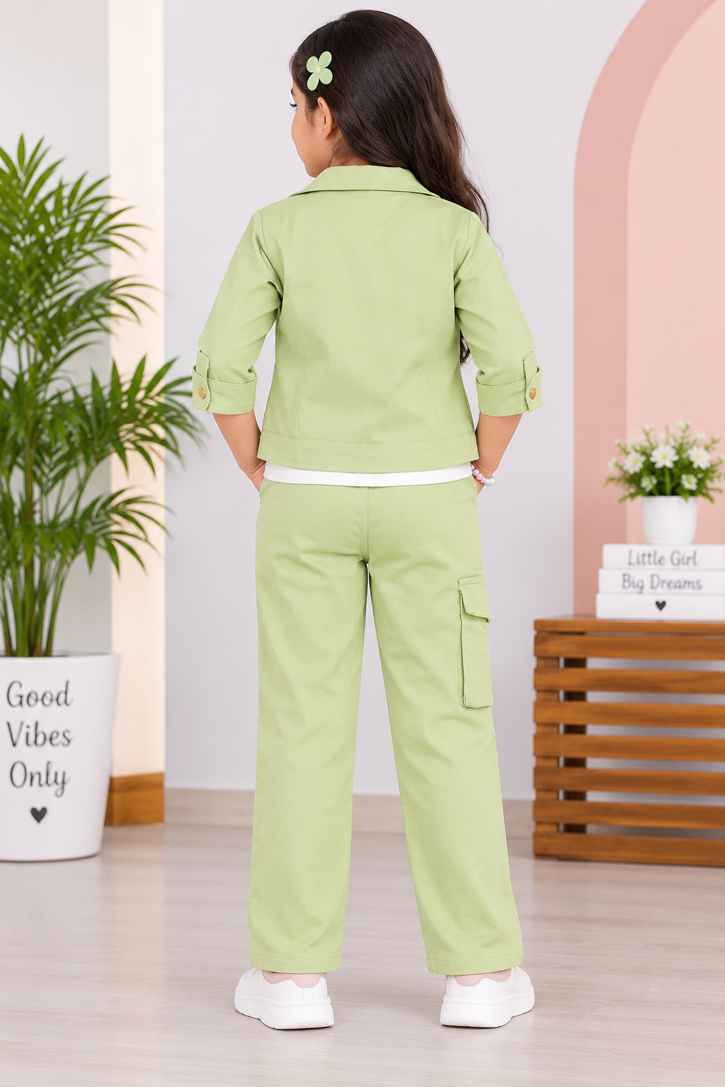 Girls Pista Green Cargo Style Party Wear Dress