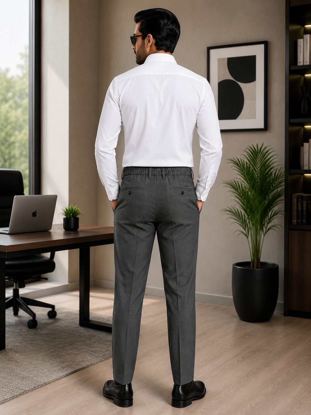 Men's Dark Grey Slim Fit Casual Trousers with Elastic Waistband