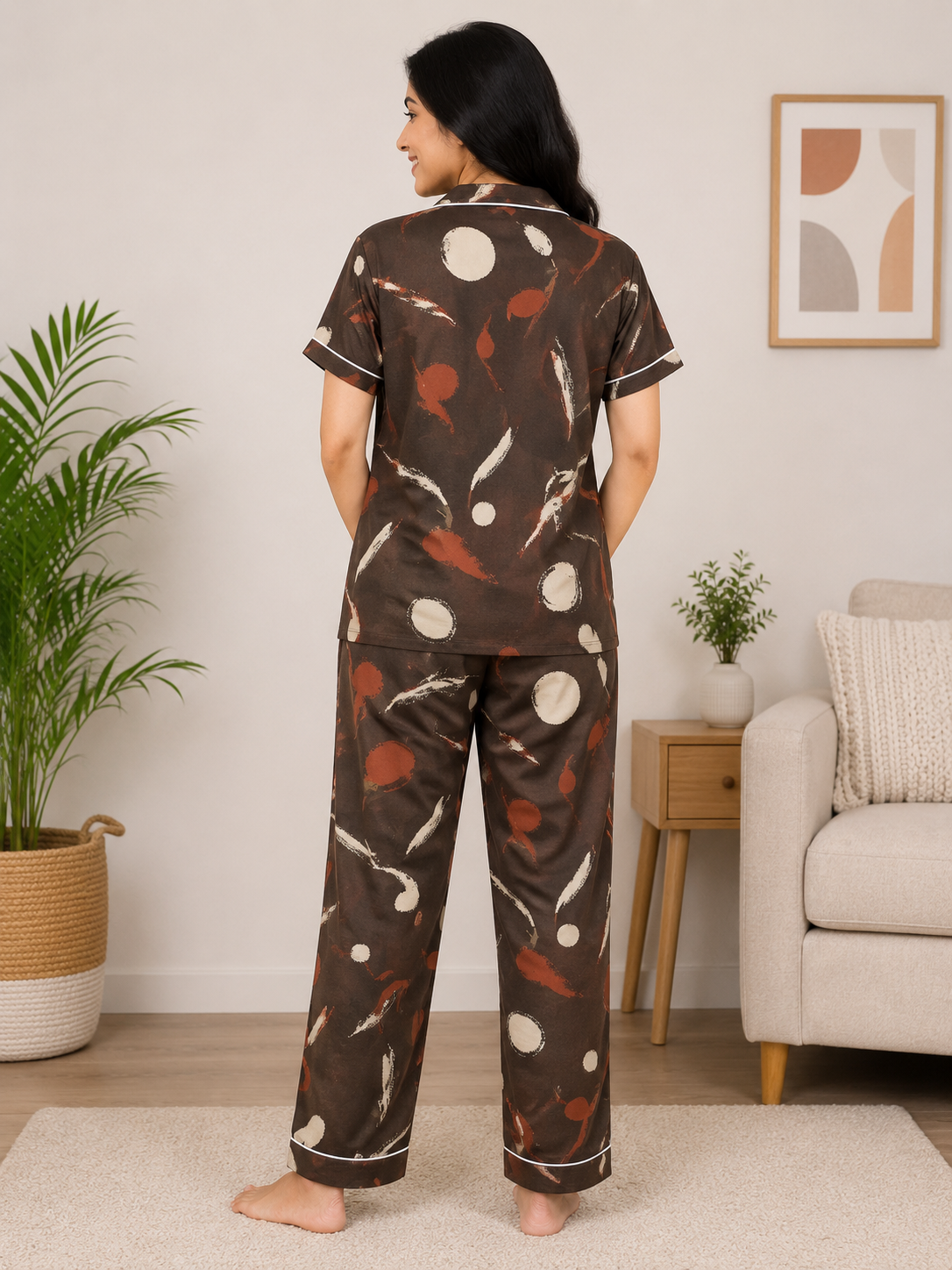 Premium Alfain Chocolate Brown Abstract Co-ord Set,With Button-down front, notch collar, contrast black piping, elasticated waist.