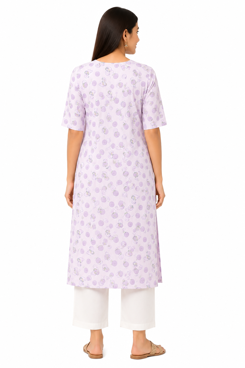 Women’s Light Pink Cute Cartoon Print Round Neck Straight Cut Kurti with Pocket