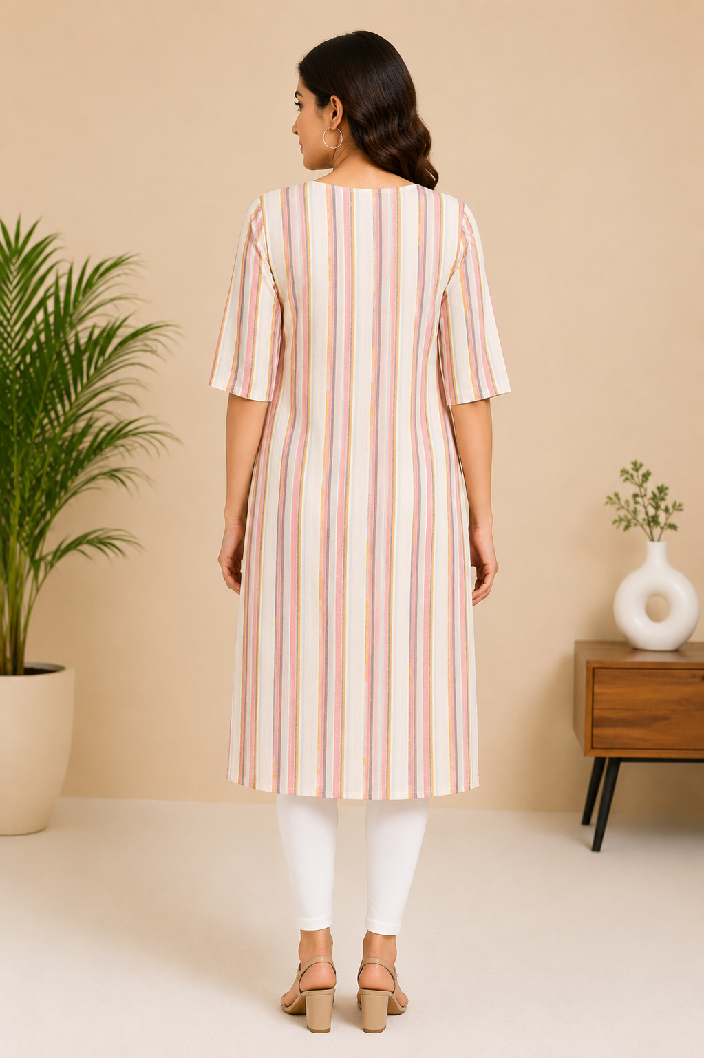 Women’s Cream Multicolour Striped Cotton Linen Straight-Cut Kurthi with Elbow Sleeves & Pocket