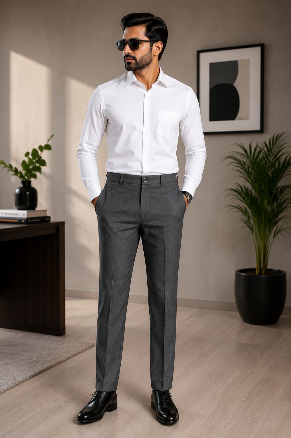 Men's Dark Grey Slim Fit Casual Trousers with Elastic Waistband