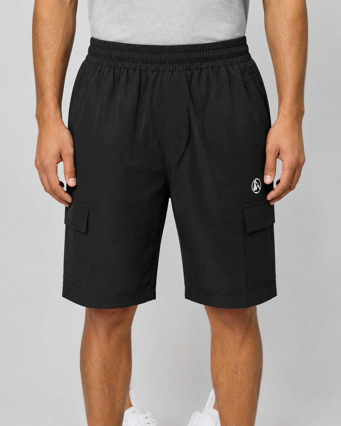 Men’s Black Cargo Sports Shorts with Elastic Waist & Flap Pockets