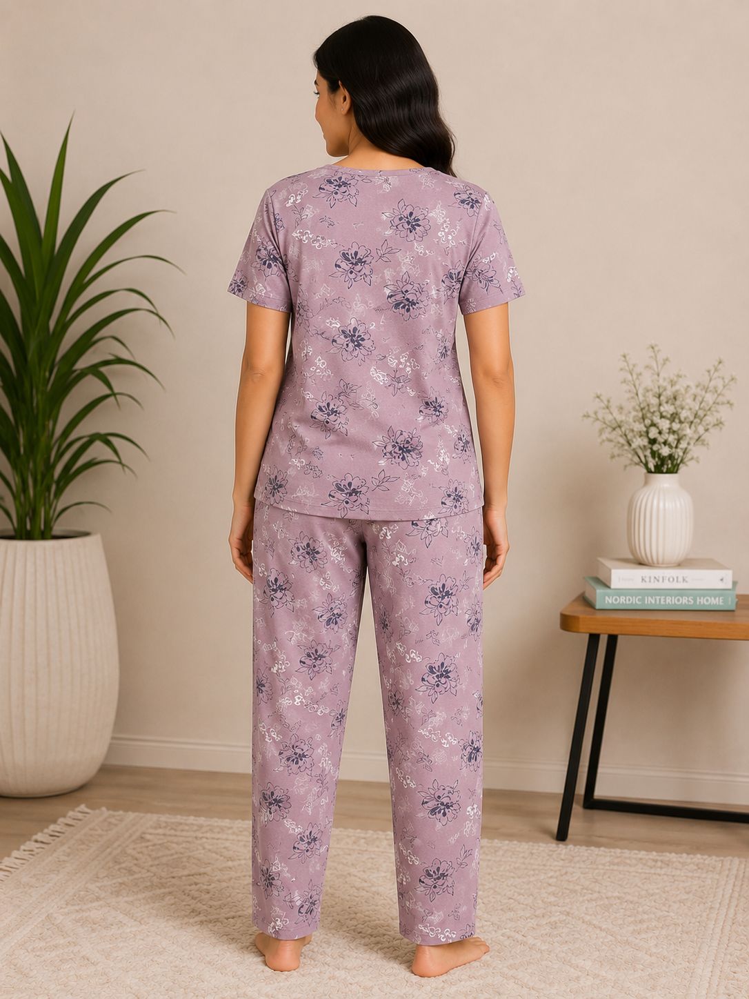 Women's Premium Alfain Fabric Mauve Floral Print Round Neck Night Suit with Side Slit Top & Elastic Waist Straight Pant
