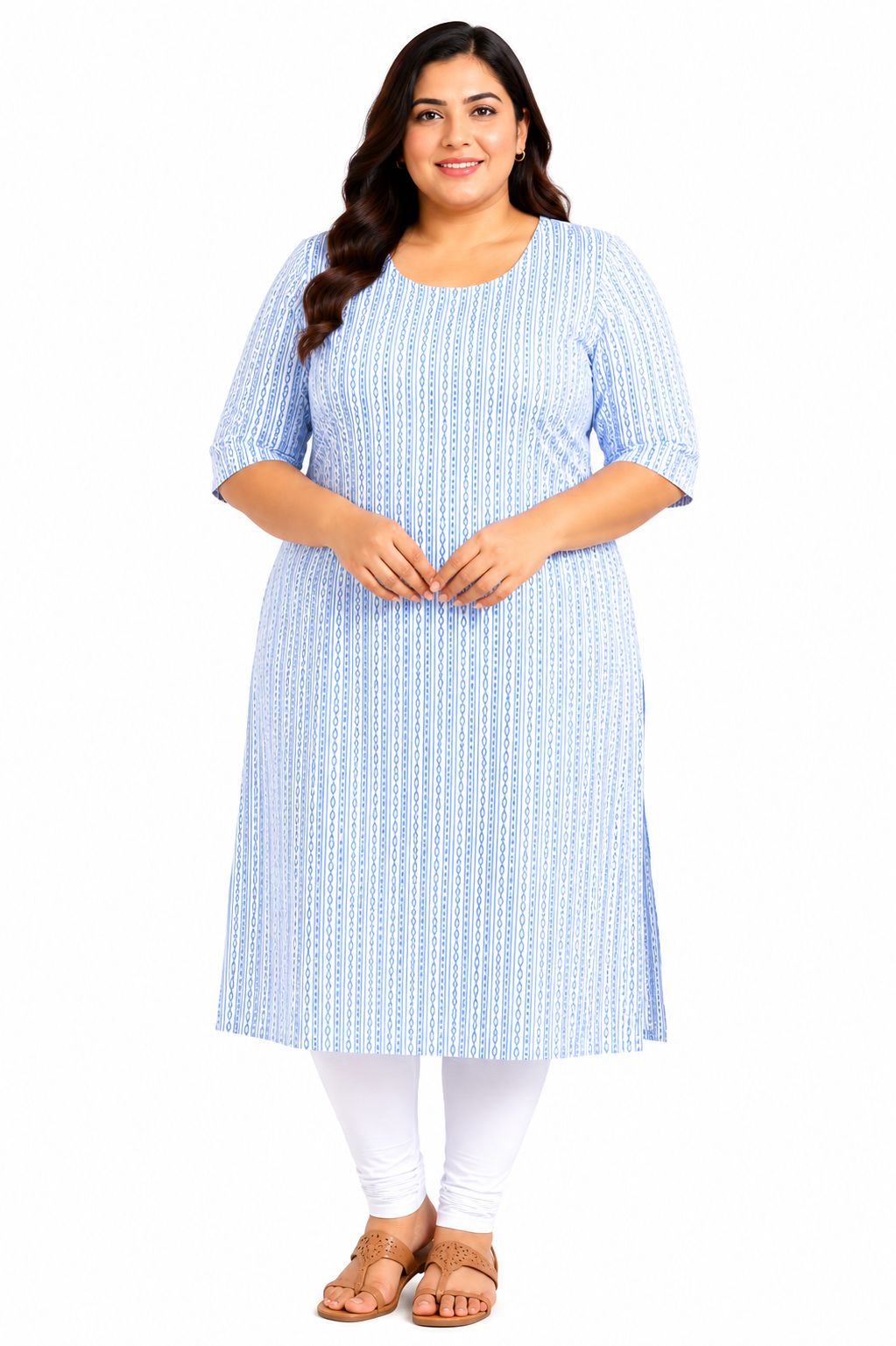 Women’s White & Sky Blue Geometric Striped Cotton Straight-Cut Kurthi with Elbow Sleeves & Pocket