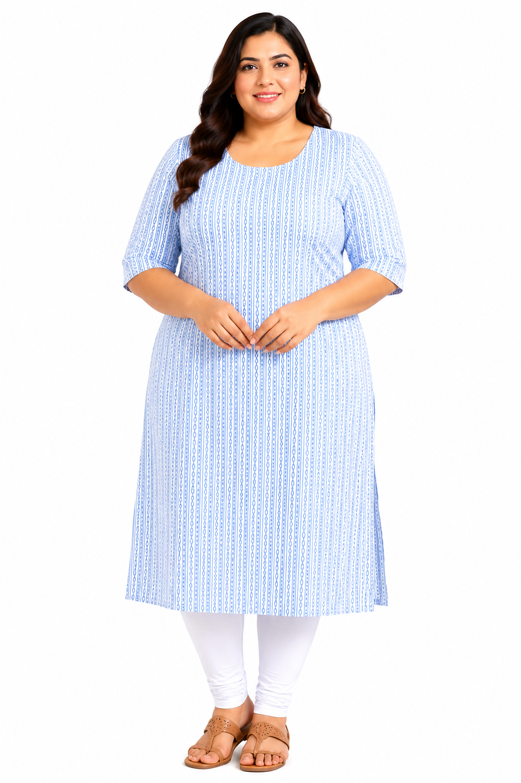 Women’s White & Sky Blue Geometric Striped Cotton Straight-Cut Kurthi with Elbow Sleeves & Pocket