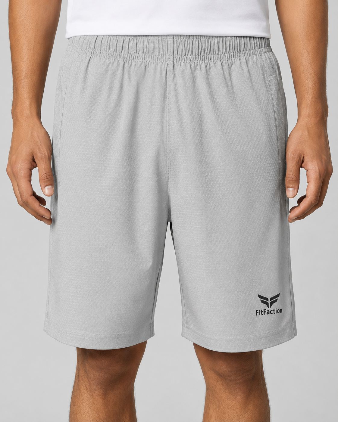 Men’s Grey Textured Sports Shorts with Elastic Waist & Zipper Pockets