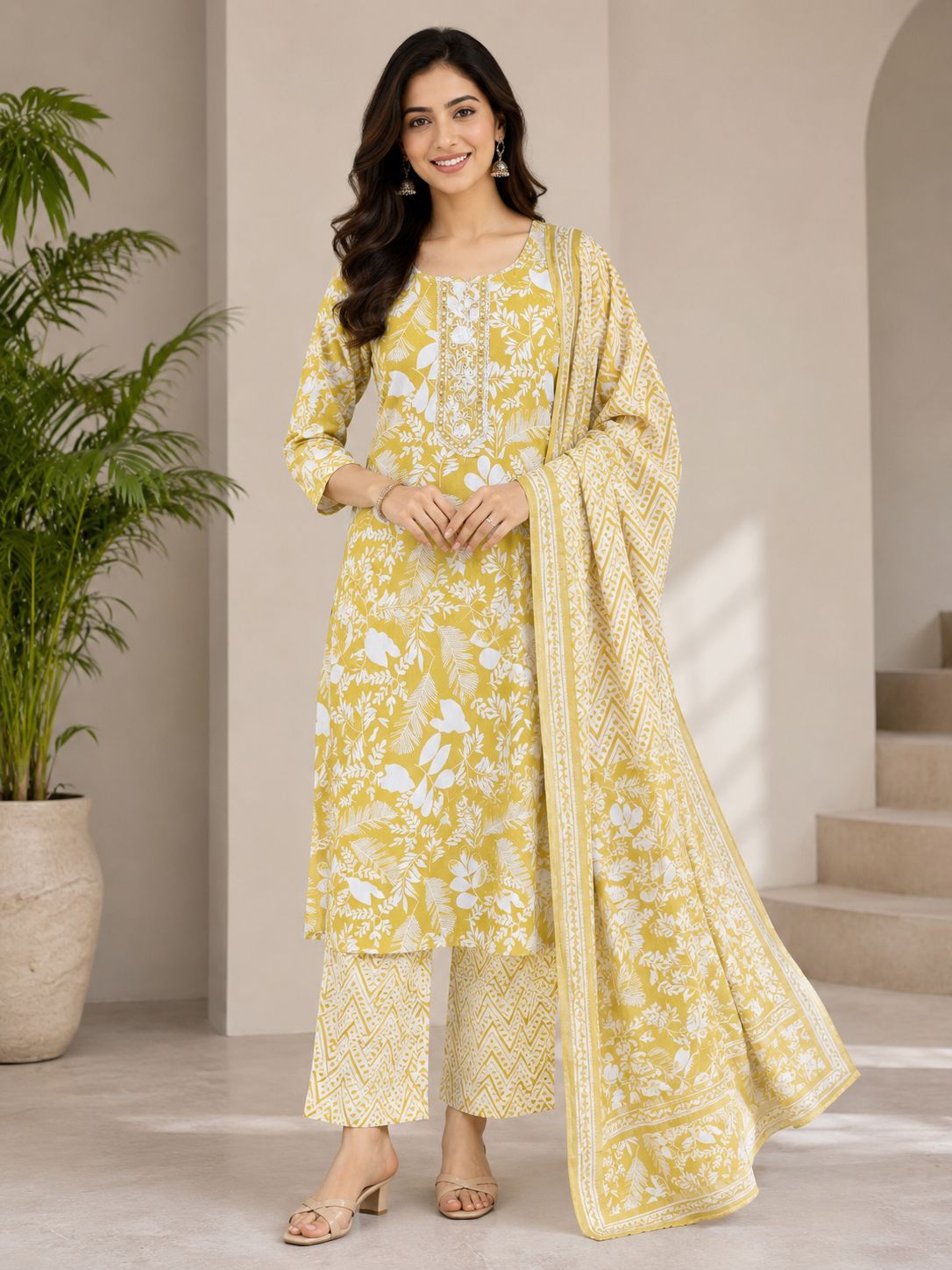 Elegant Mustard yellow and white Floral Printed cotton 3-Piece Kurti Set