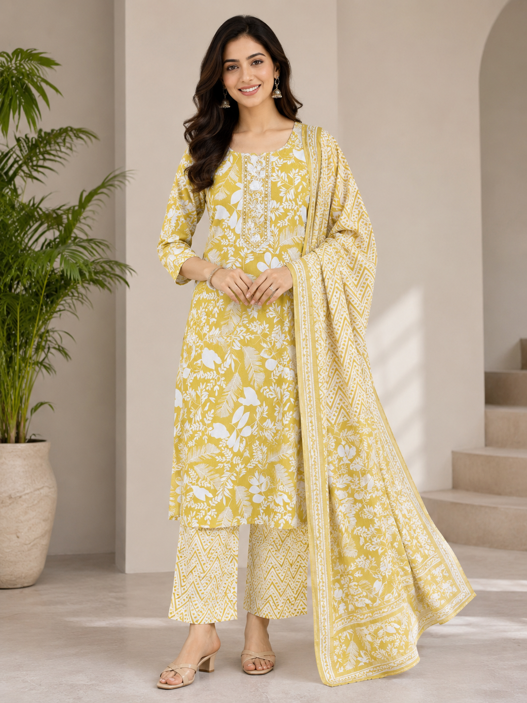 Elegant Mustard yellow and white Floral Printed cotton 3-Piece Kurti Set